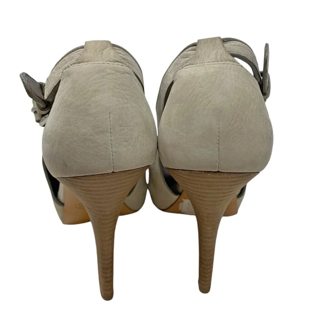 COACH Apryl‎ Stone Nubuck Cut Out Peep Toe Logo Buckle Stilettos